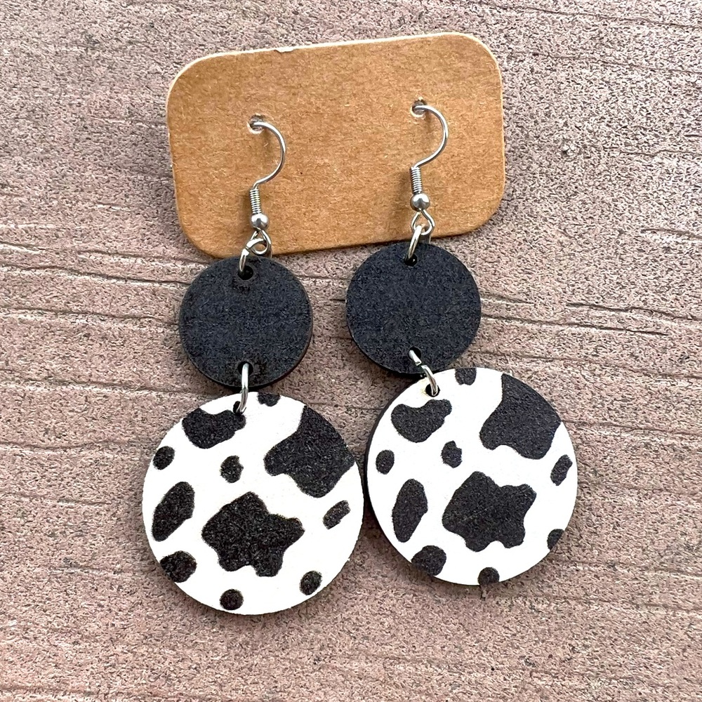 Cow print circle drop earrings